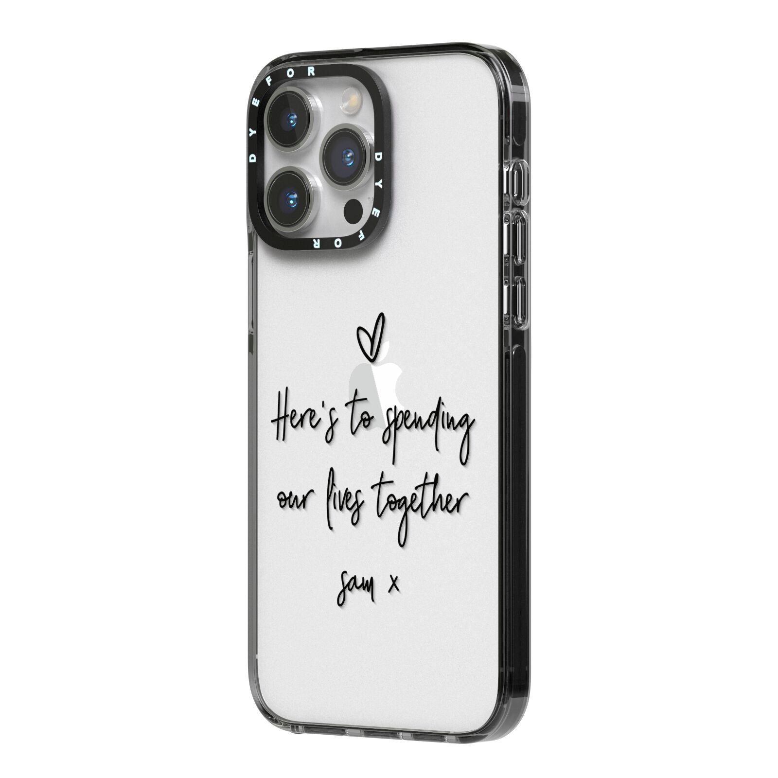 Personalised Valentines Message Name Black iPhone 14 Pro Max Black Impact Case Side Angle on Silver phone