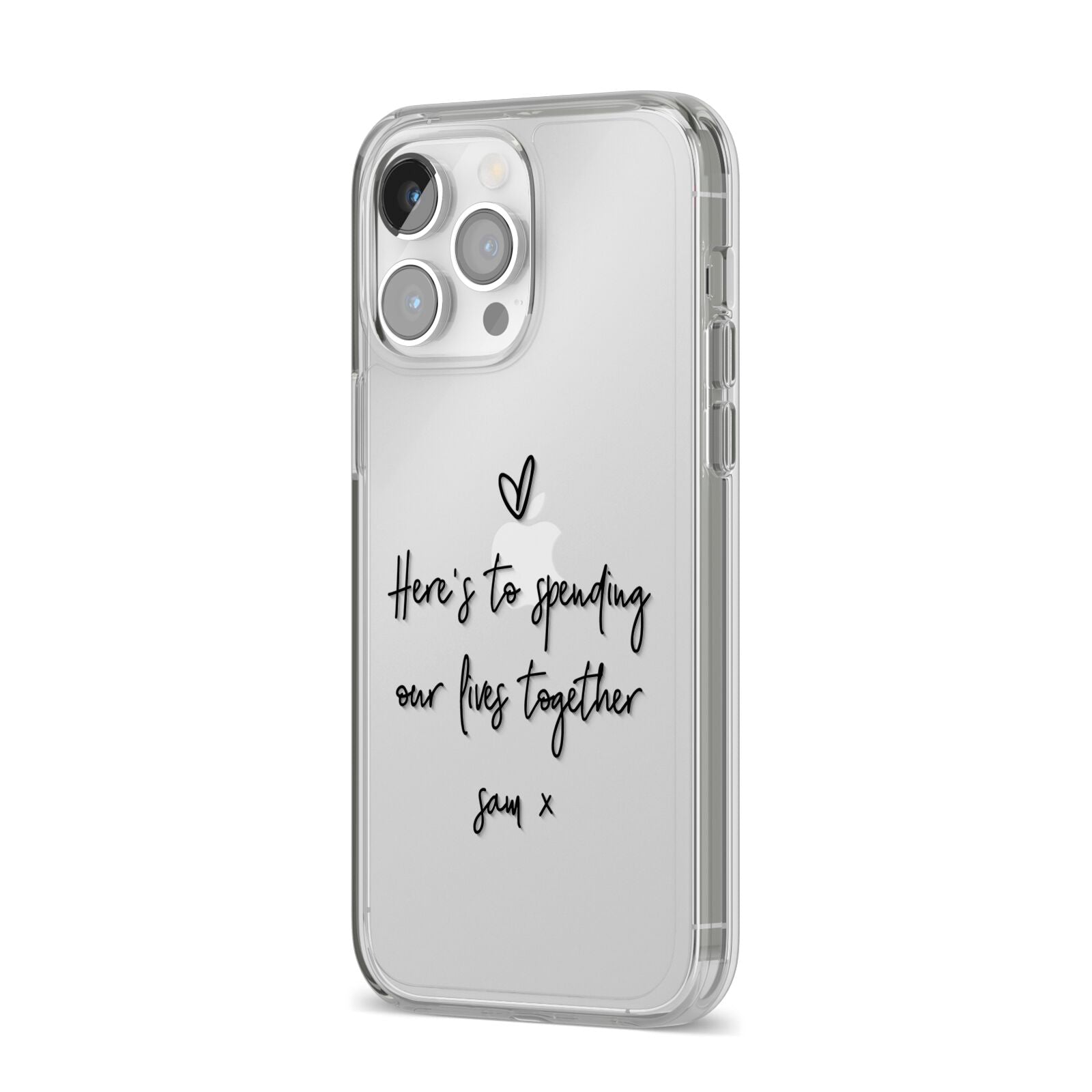 Personalised Valentines Message Name Black iPhone 14 Pro Max Clear Tough Case Silver Angled Image