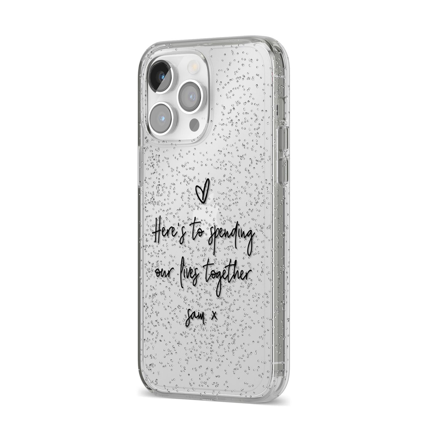 Personalised Valentines Message Name Black iPhone 14 Pro Max Glitter Tough Case Silver Angled Image