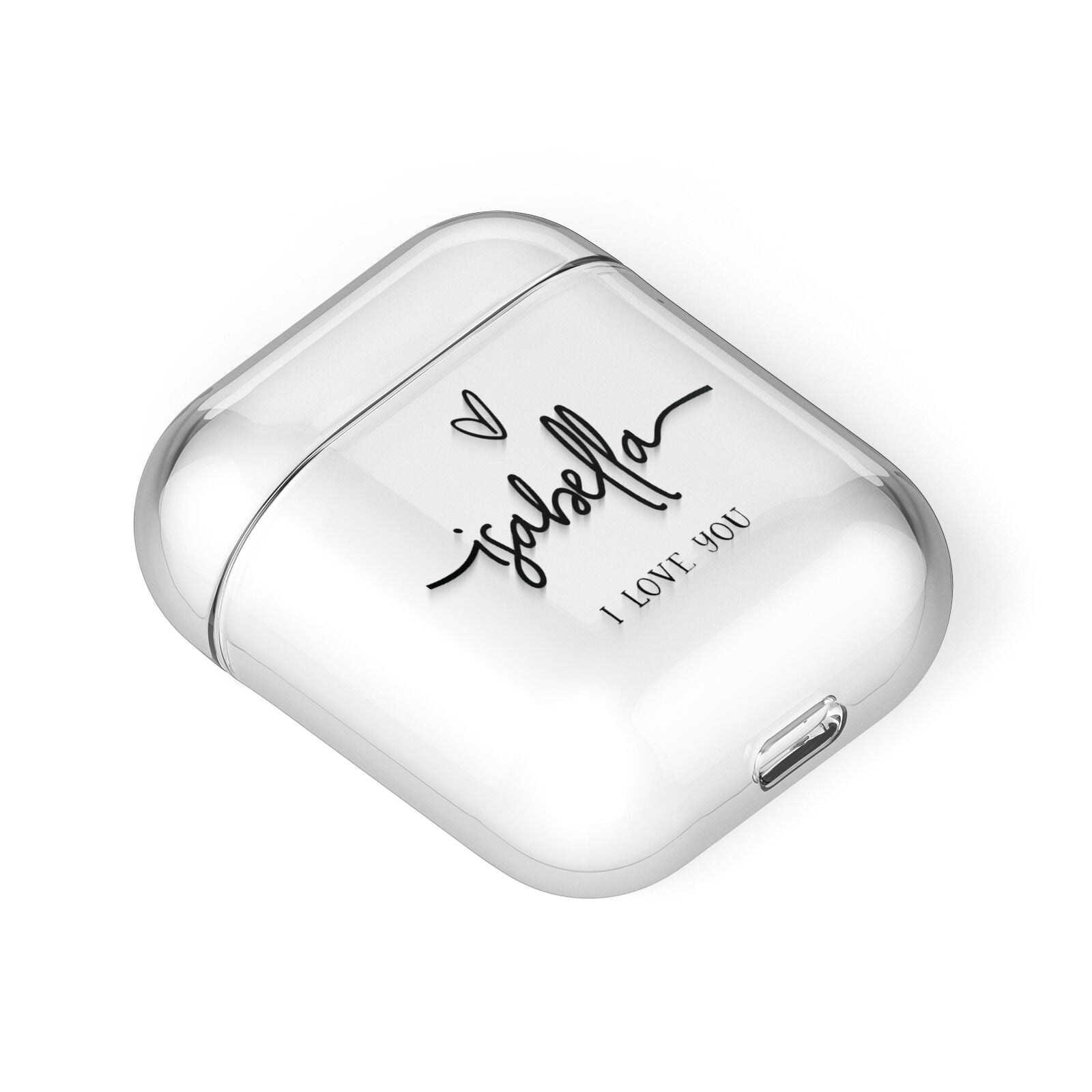 Personalised Valentines Name Clear Black AirPods Case Laid Flat