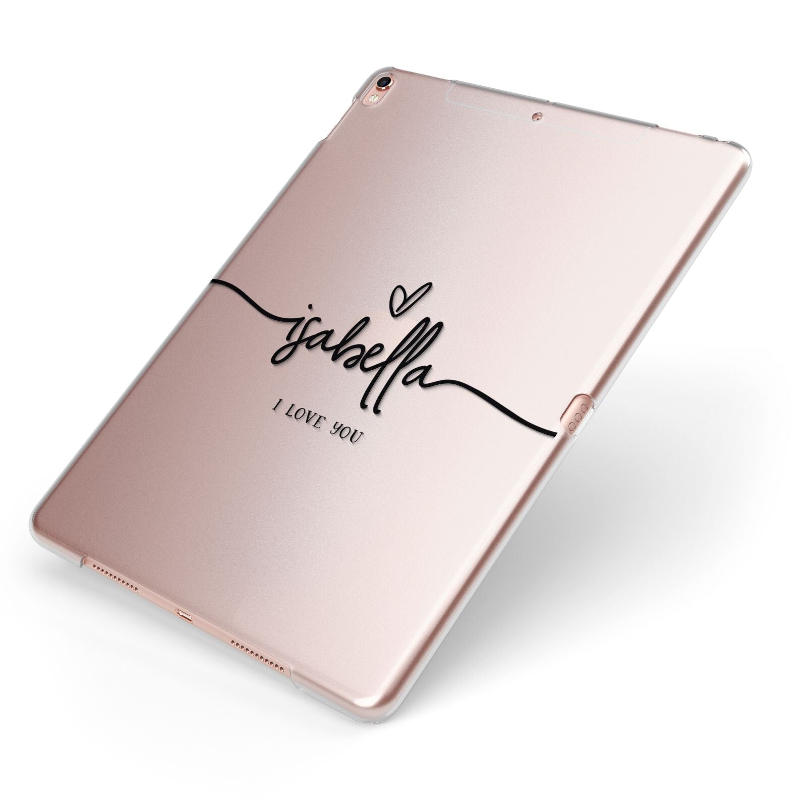 Personalised Valentines Name Clear Black Apple iPad Case on Rose Gold iPad Side View