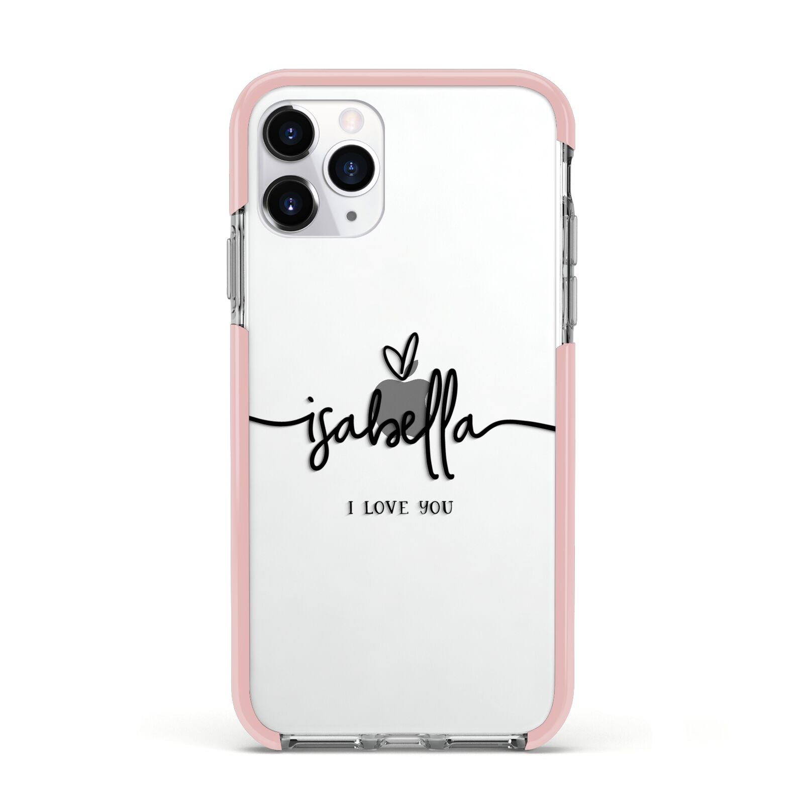 Personalised Valentines Name Clear Black Apple iPhone 11 Pro in Silver with Pink Impact Case