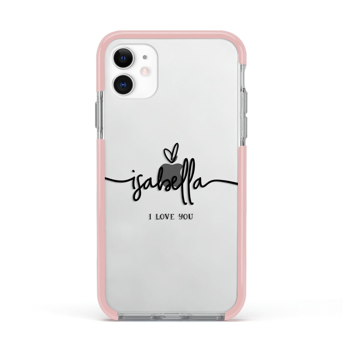 Personalised Valentines Name Clear Black Apple iPhone 11 in White with Pink Impact Case