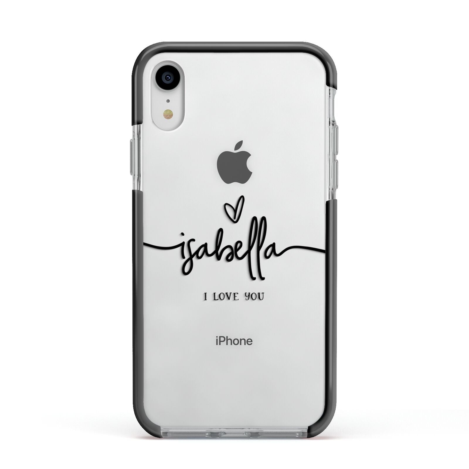 Personalised Valentines Name Clear Black Apple iPhone XR Impact Case Black Edge on Silver Phone