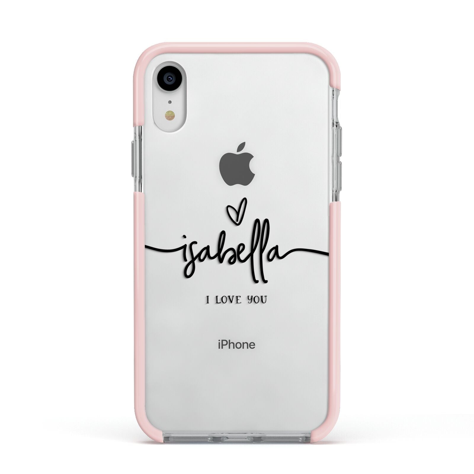 Personalised Valentines Name Clear Black Apple iPhone XR Impact Case Pink Edge on Silver Phone