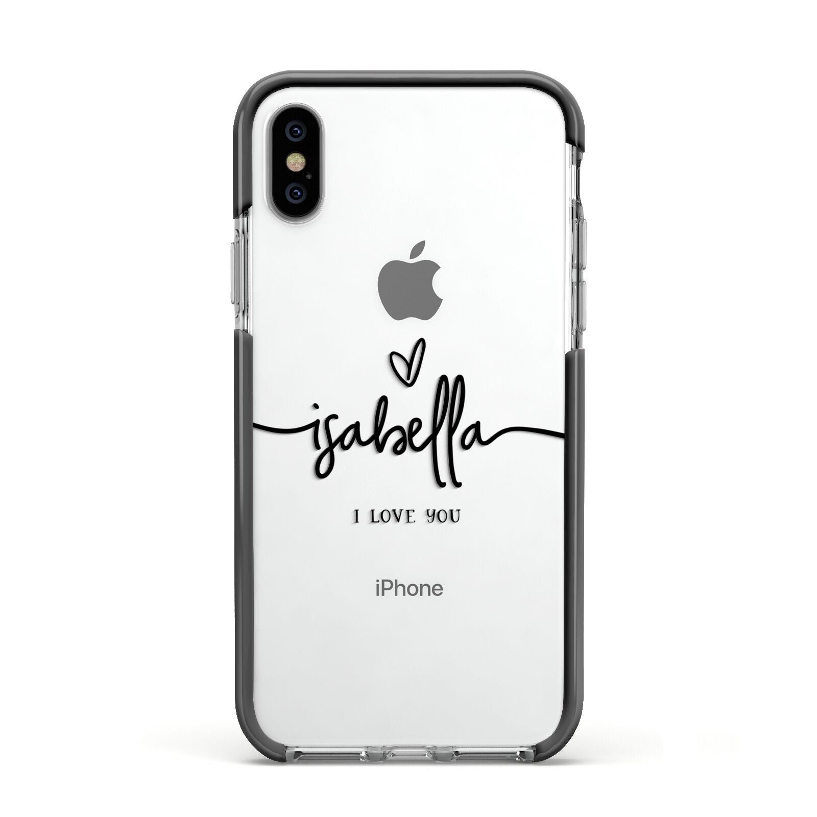 Personalised Valentines Name Clear Black Apple iPhone Xs Impact Case Black Edge on Silver Phone