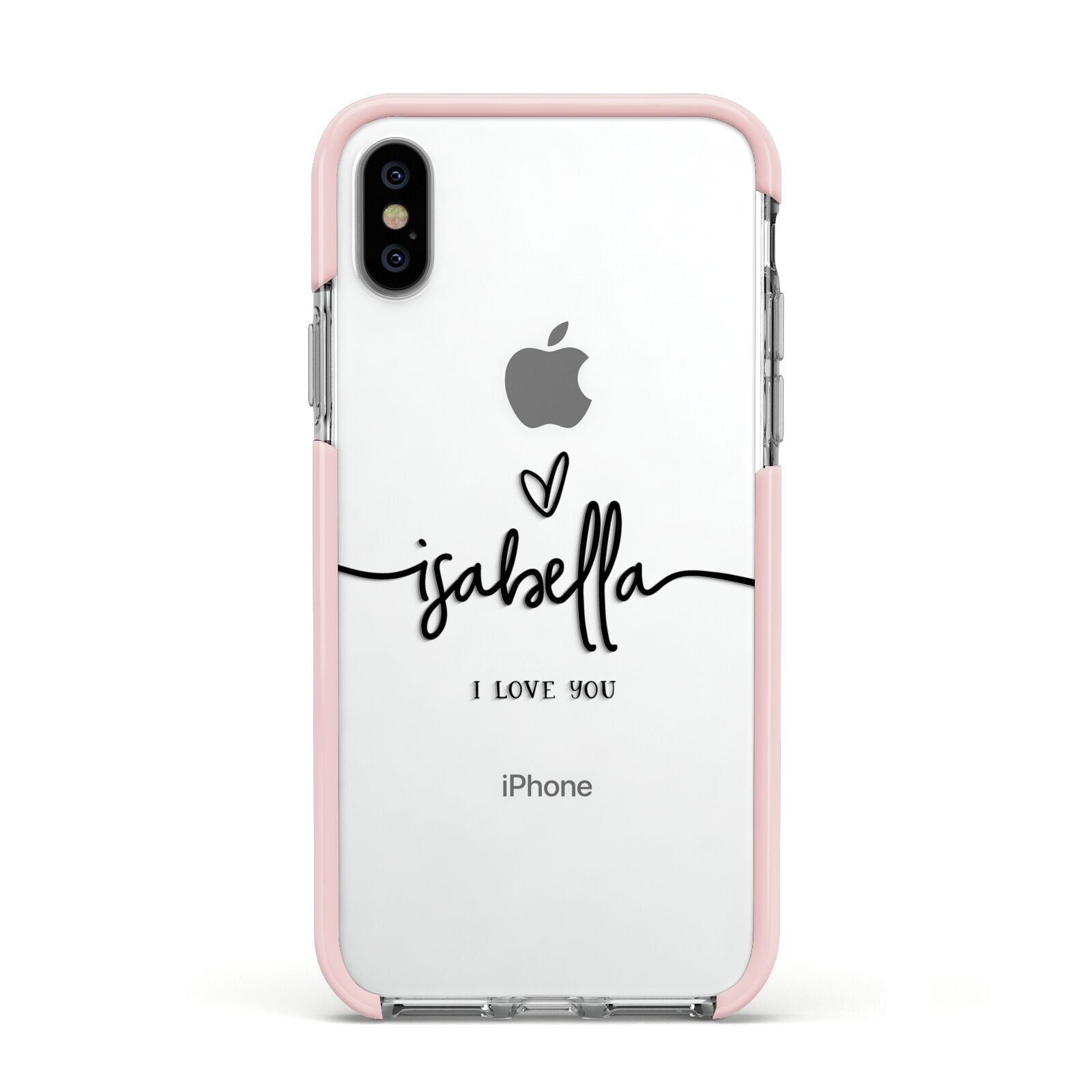 Personalised Valentines Name Clear Black Apple iPhone Xs Impact Case Pink Edge on Silver Phone