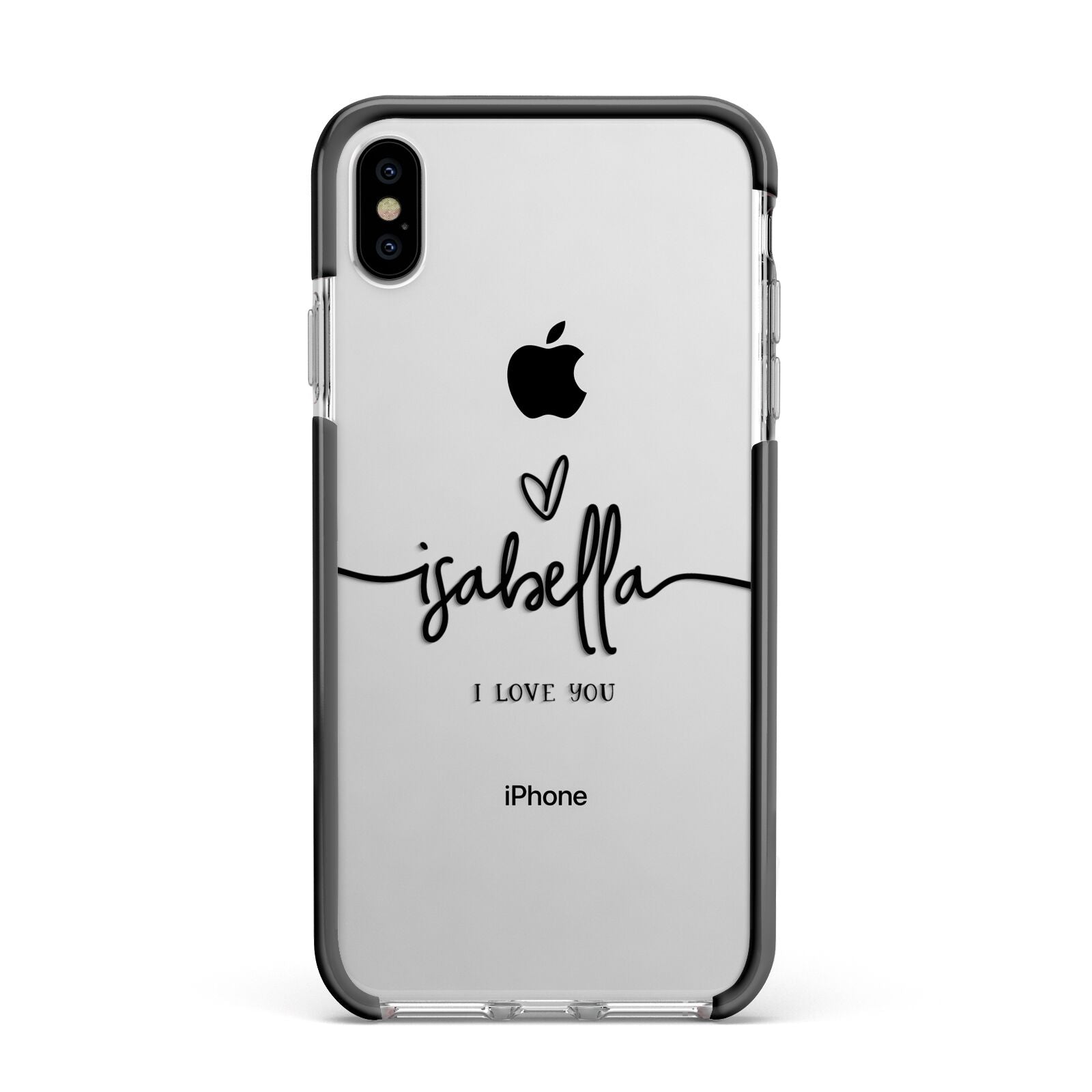 Personalised Valentines Name Clear Black Apple iPhone Xs Max Impact Case Black Edge on Silver Phone