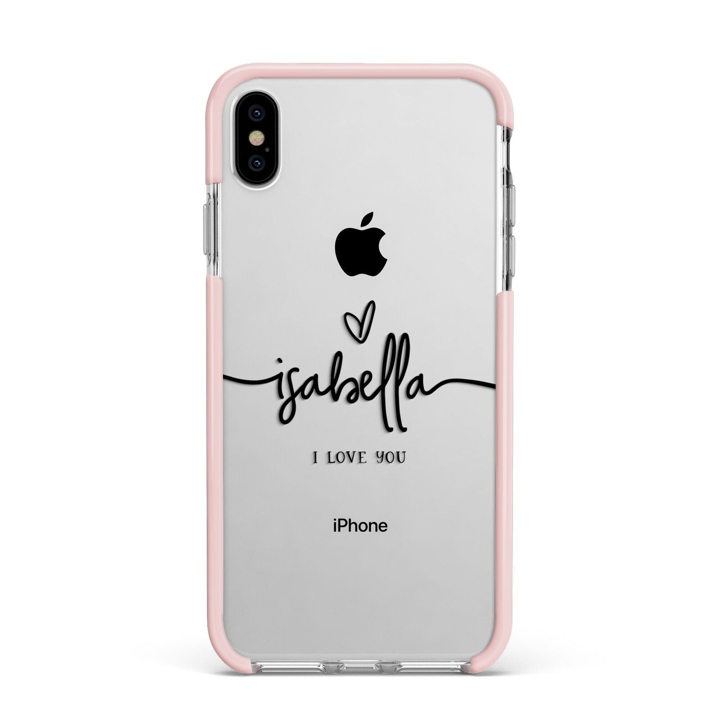 Personalised Valentines Name Clear Black Apple iPhone Xs Max Impact Case Pink Edge on Silver Phone