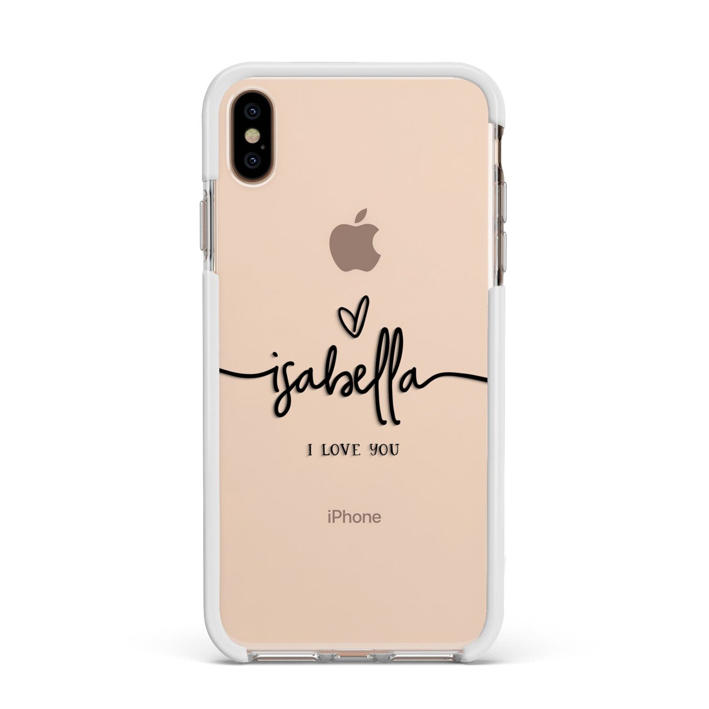 Personalised Valentines Name Clear Black Apple iPhone Xs Max Impact Case White Edge on Gold Phone