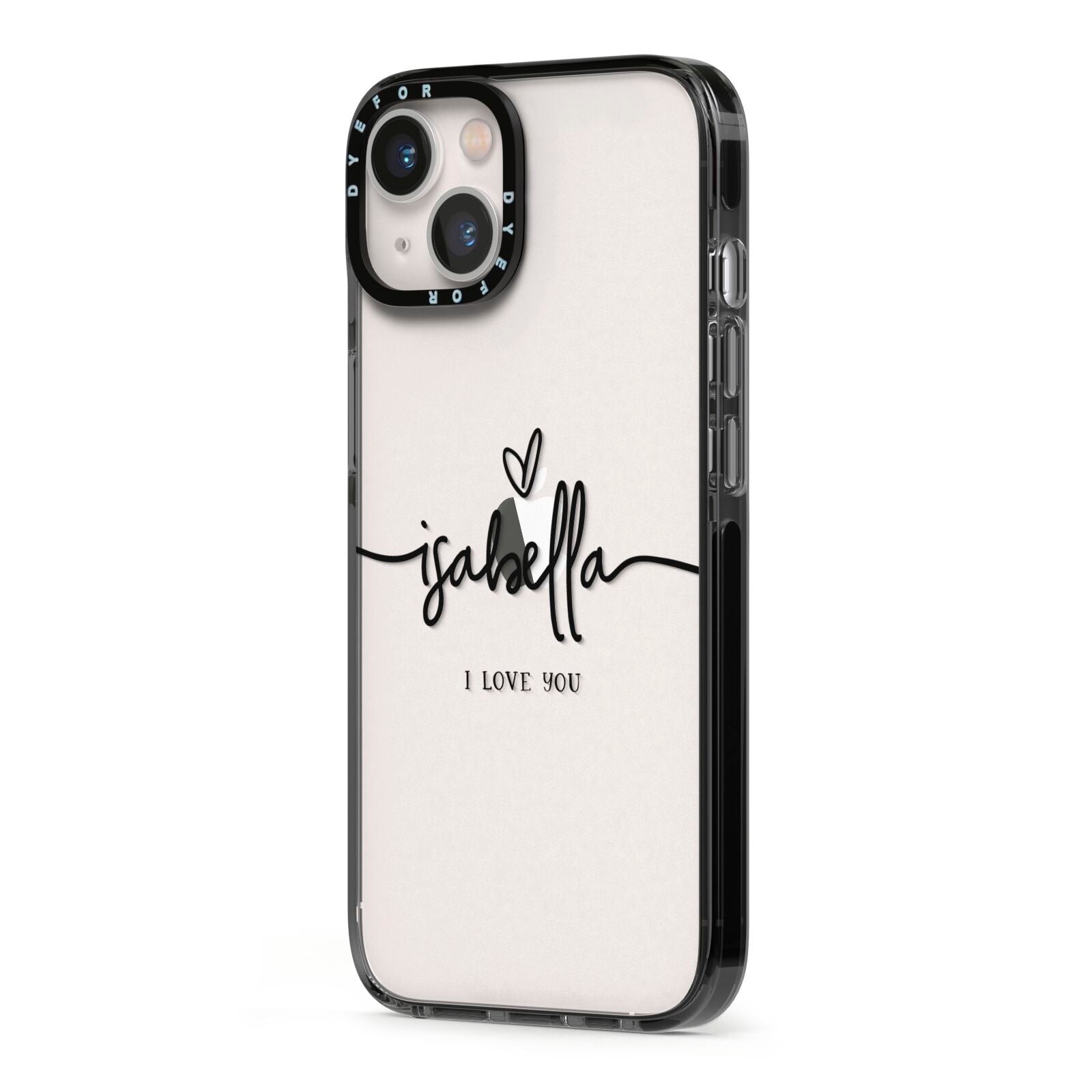 Personalised Valentines Name Clear Black iPhone 13 Black Impact Case Side Angle on Silver phone