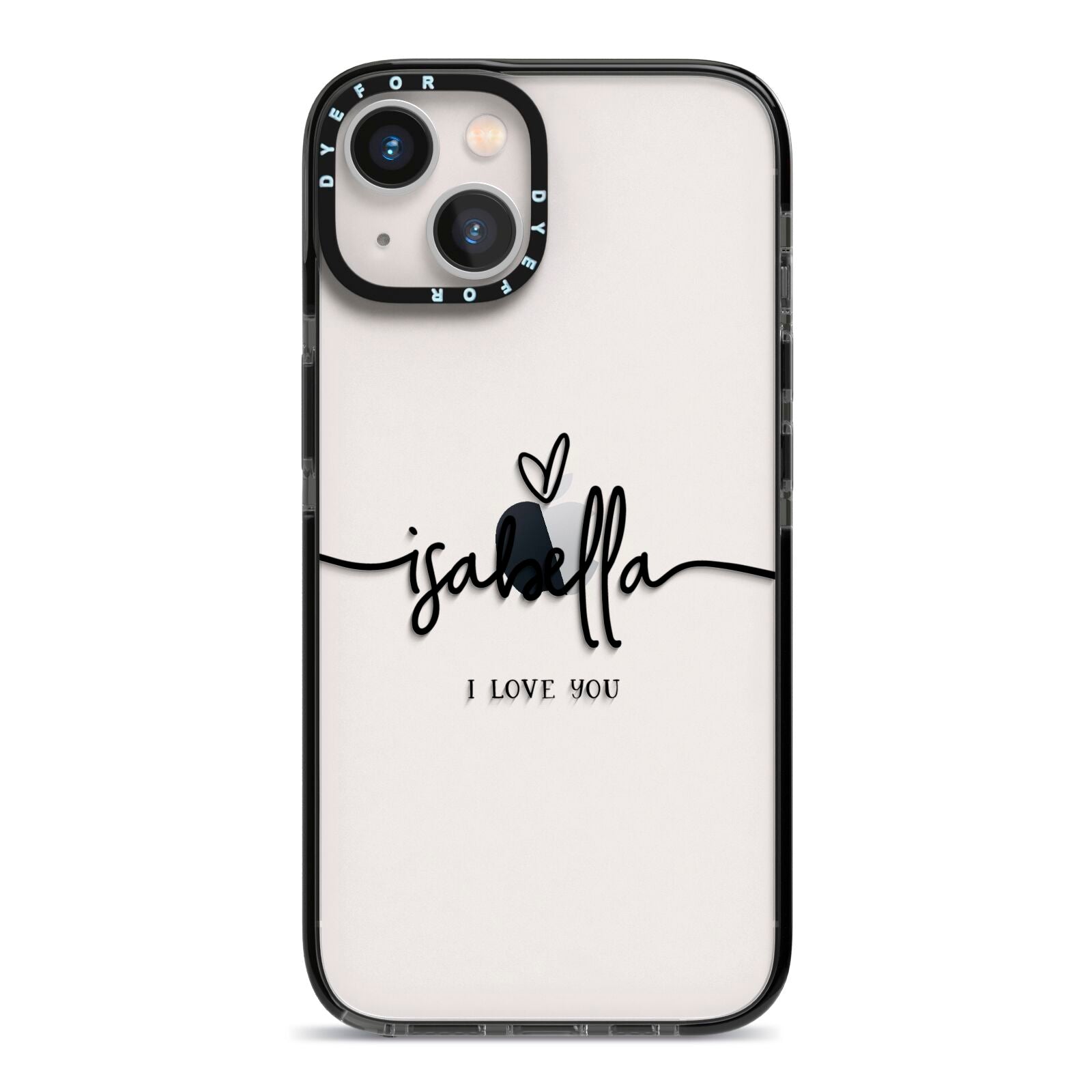 Personalised Valentines Name Clear Black iPhone 13 Black Impact Case on Silver phone