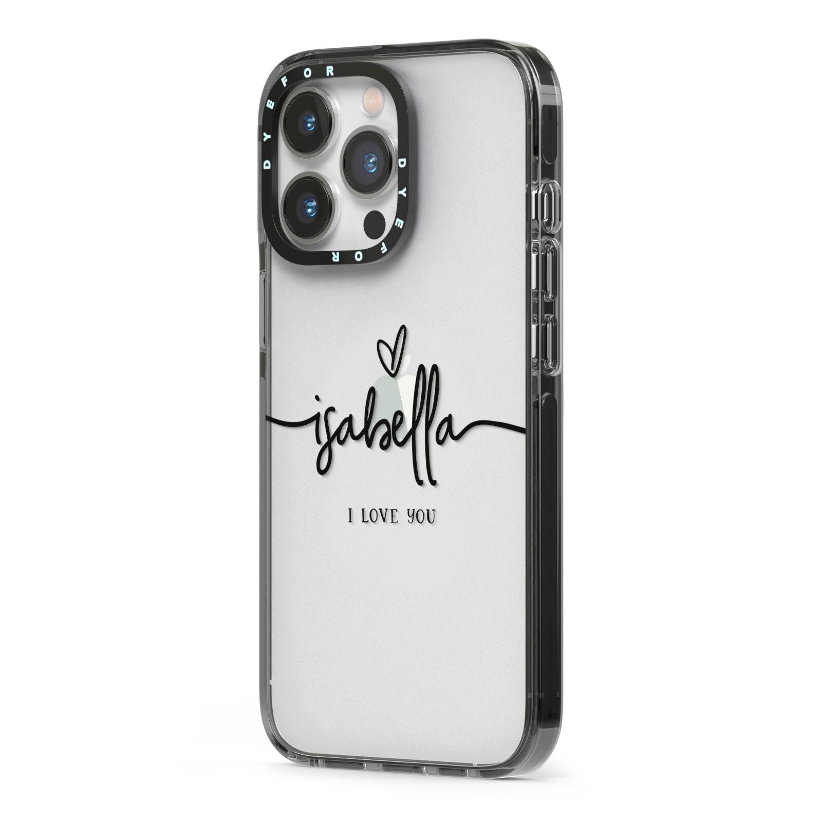 Personalised Valentines Name Clear Black iPhone 13 Pro Black Impact Case Side Angle on Silver phone