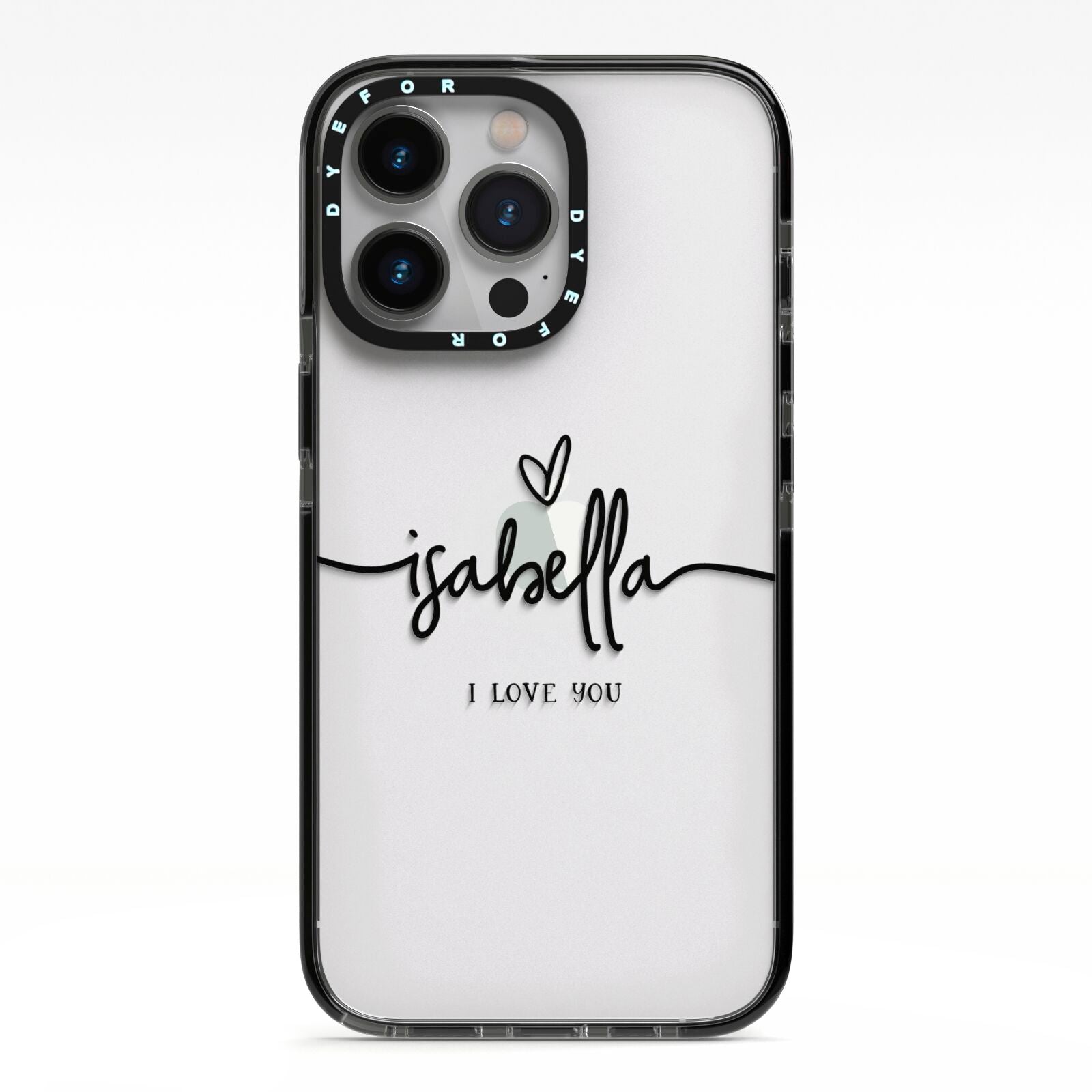 Personalised Valentines Name Clear Black iPhone 13 Pro Black Impact Case on Silver phone