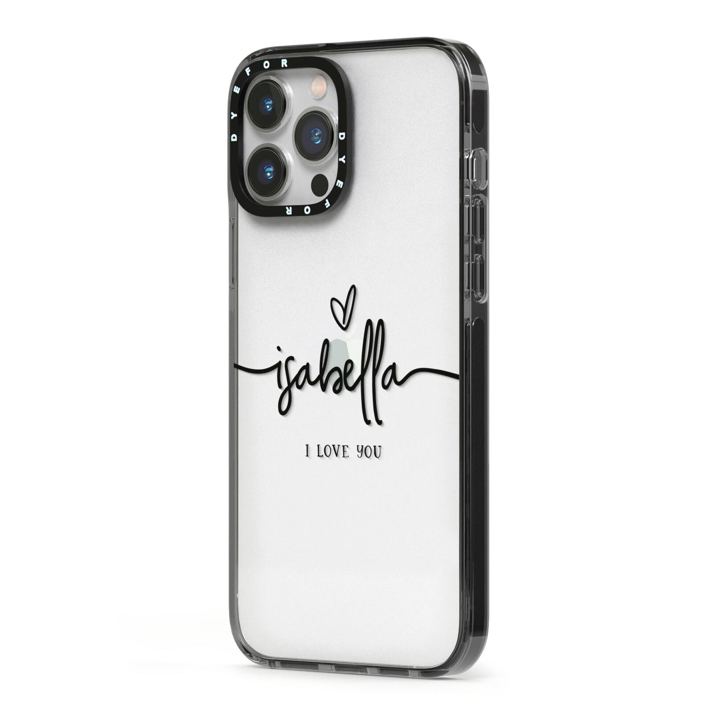 Personalised Valentines Name Clear Black iPhone 13 Pro Max Black Impact Case Side Angle on Silver phone