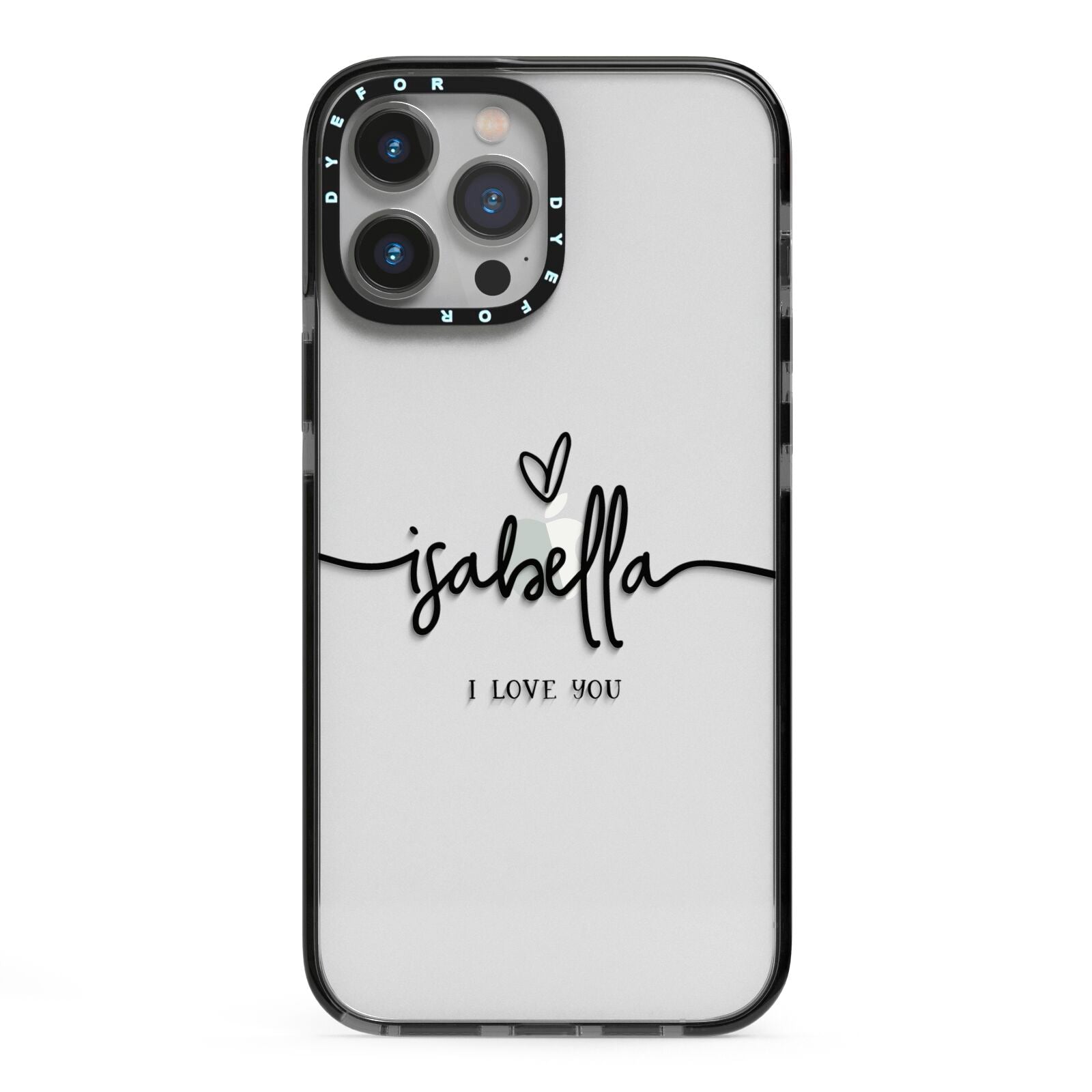 Personalised Valentines Name Clear Black iPhone 13 Pro Max Black Impact Case on Silver phone