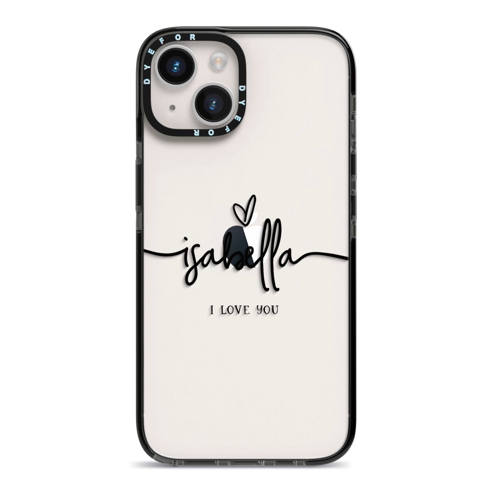 Personalised Valentines Name Clear Black iPhone 14 Black Impact Case on Silver phone