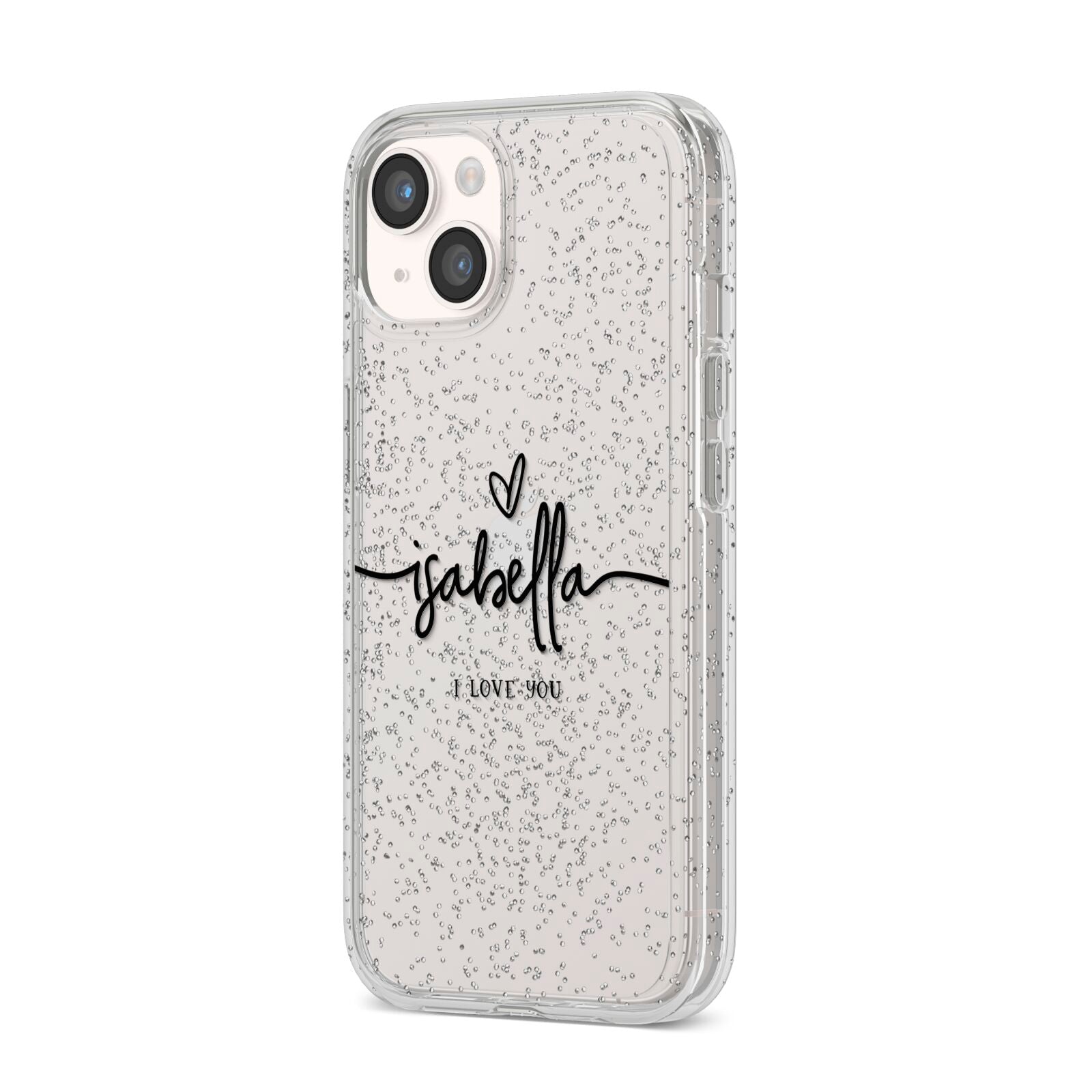 Personalised Valentines Name Clear Black iPhone 14 Glitter Tough Case Starlight Angled Image