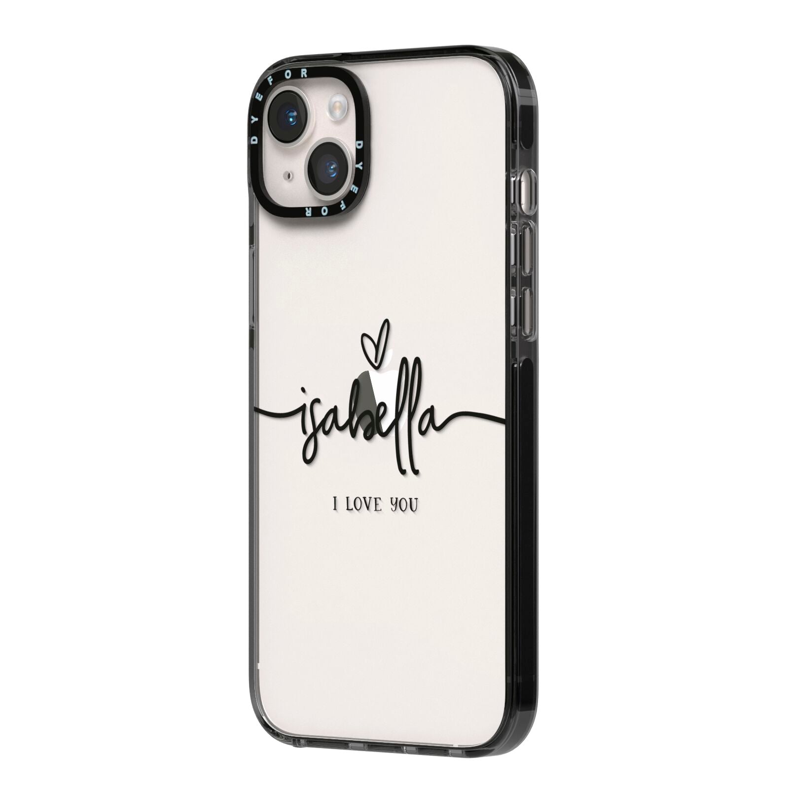 Personalised Valentines Name Clear Black iPhone 14 Plus Black Impact Case Side Angle on Silver phone