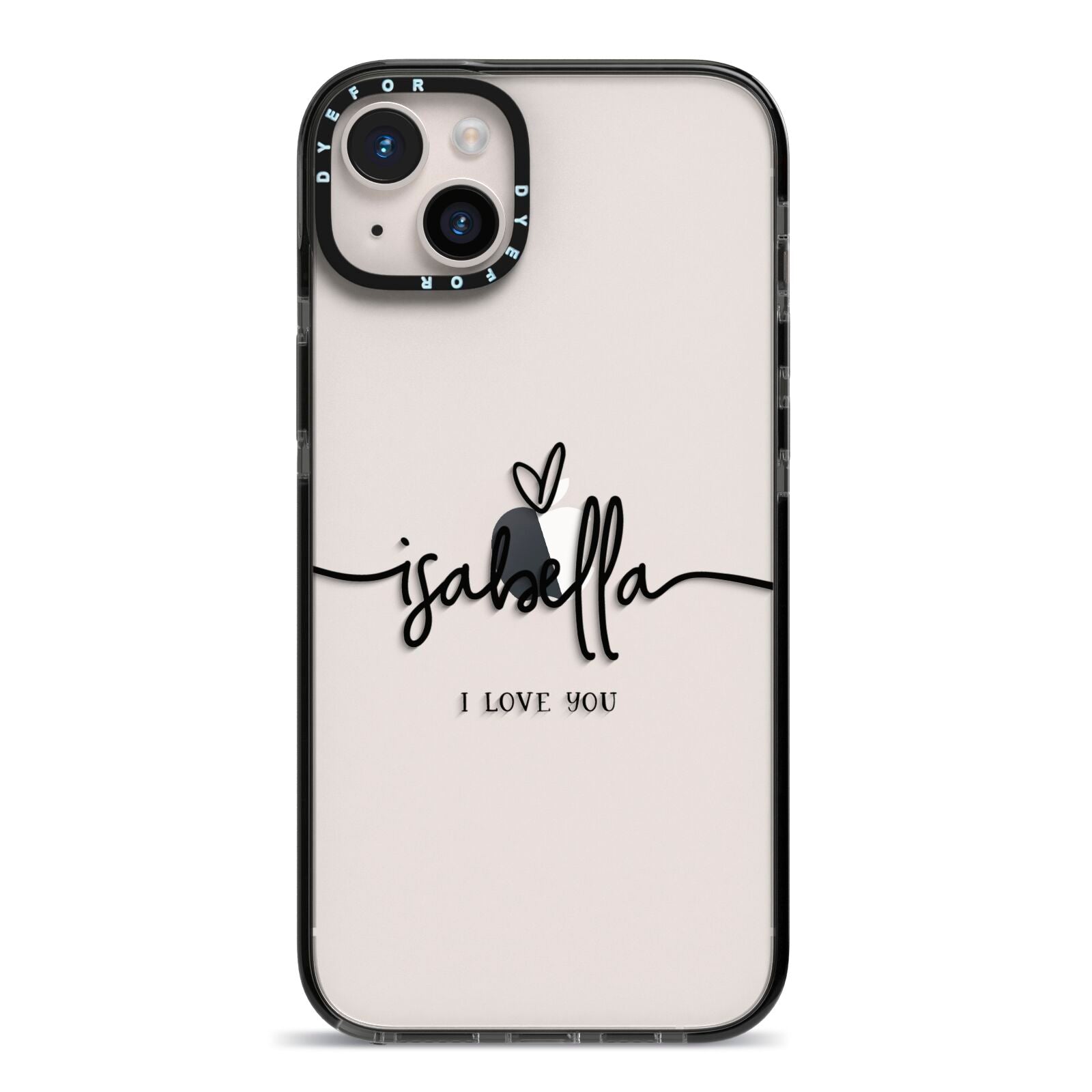 Personalised Valentines Name Clear Black iPhone 14 Plus Black Impact Case on Silver phone