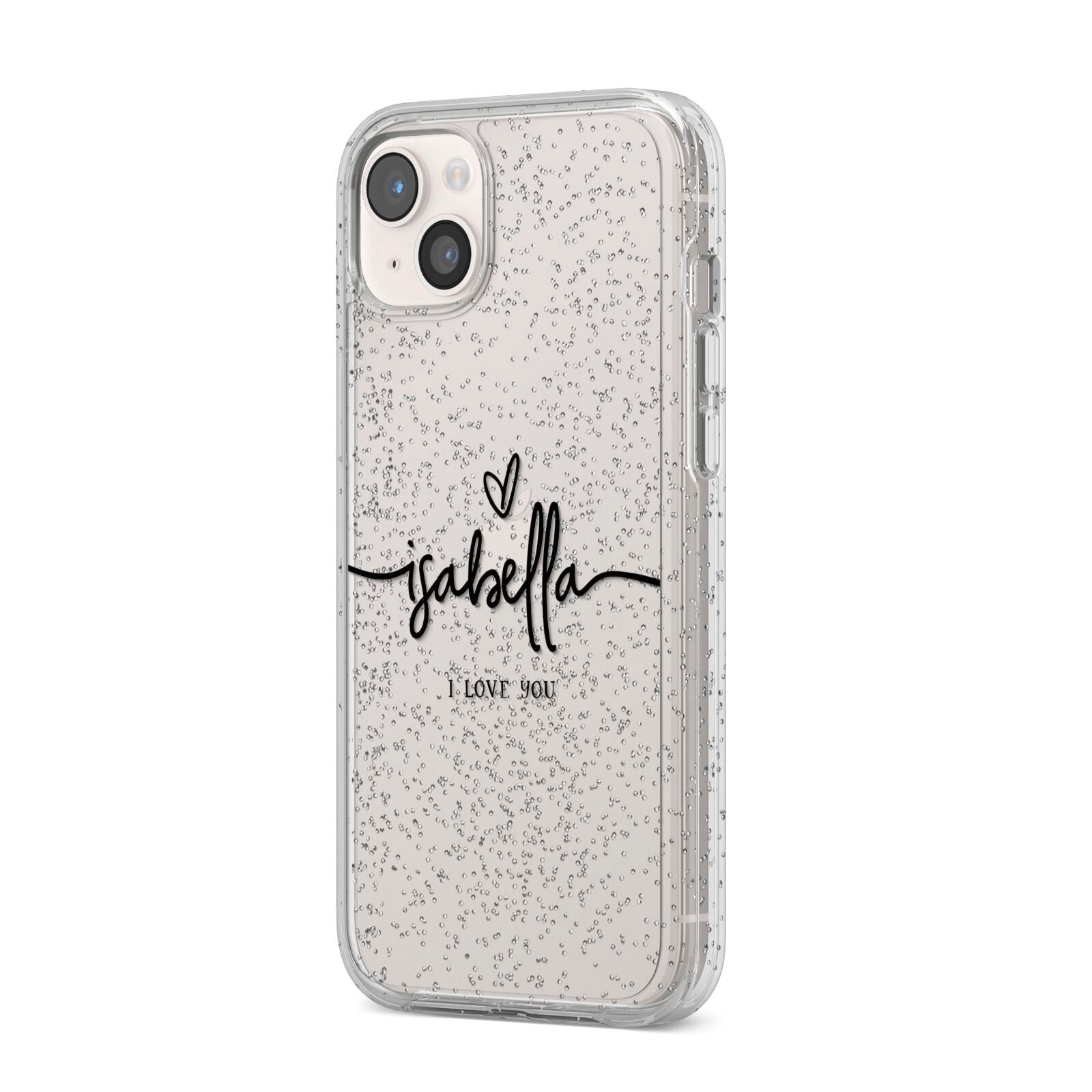 Personalised Valentines Name Clear Black iPhone 14 Plus Glitter Tough Case Starlight Angled Image