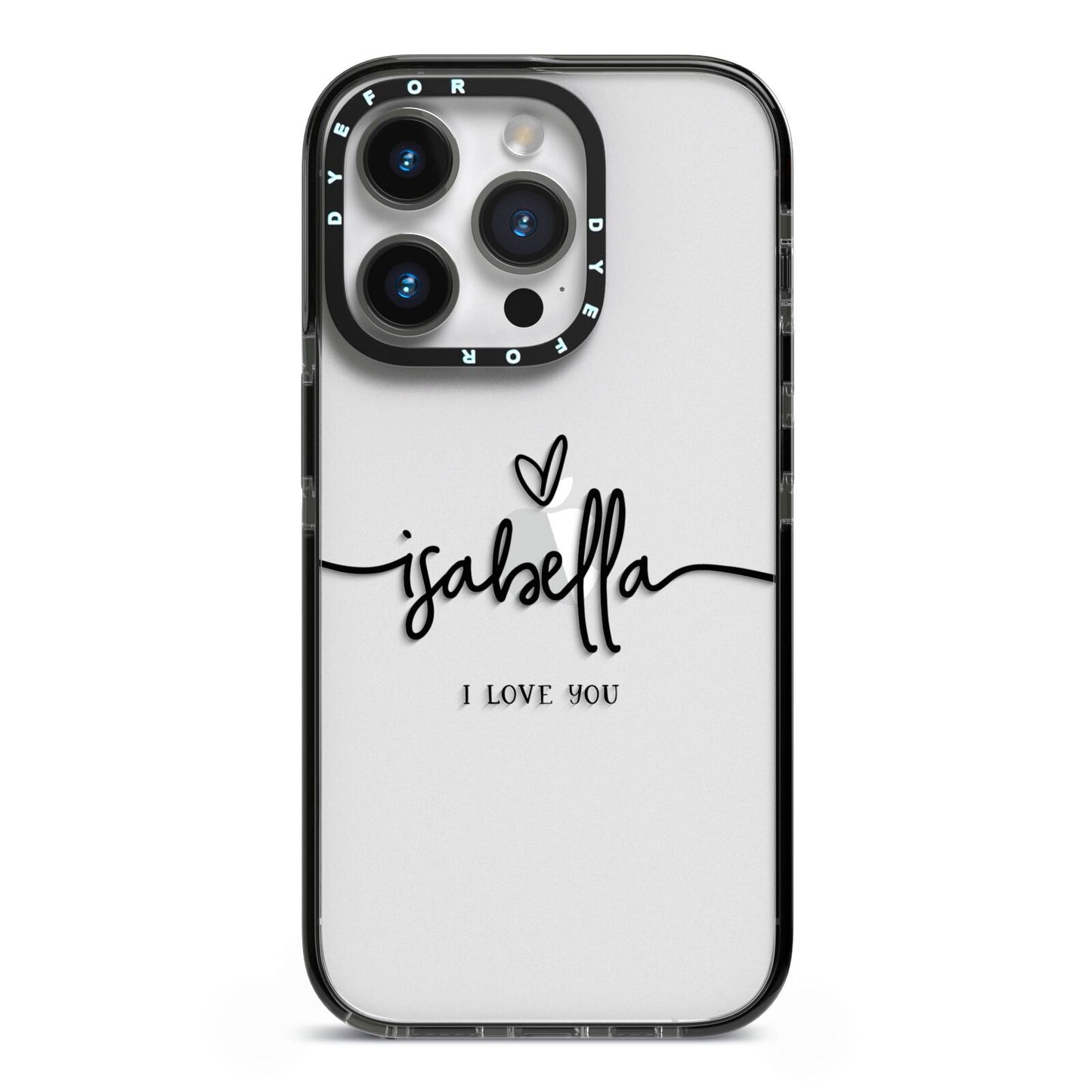 Personalised Valentines Name Clear Black iPhone 14 Pro Black Impact Case on Silver phone