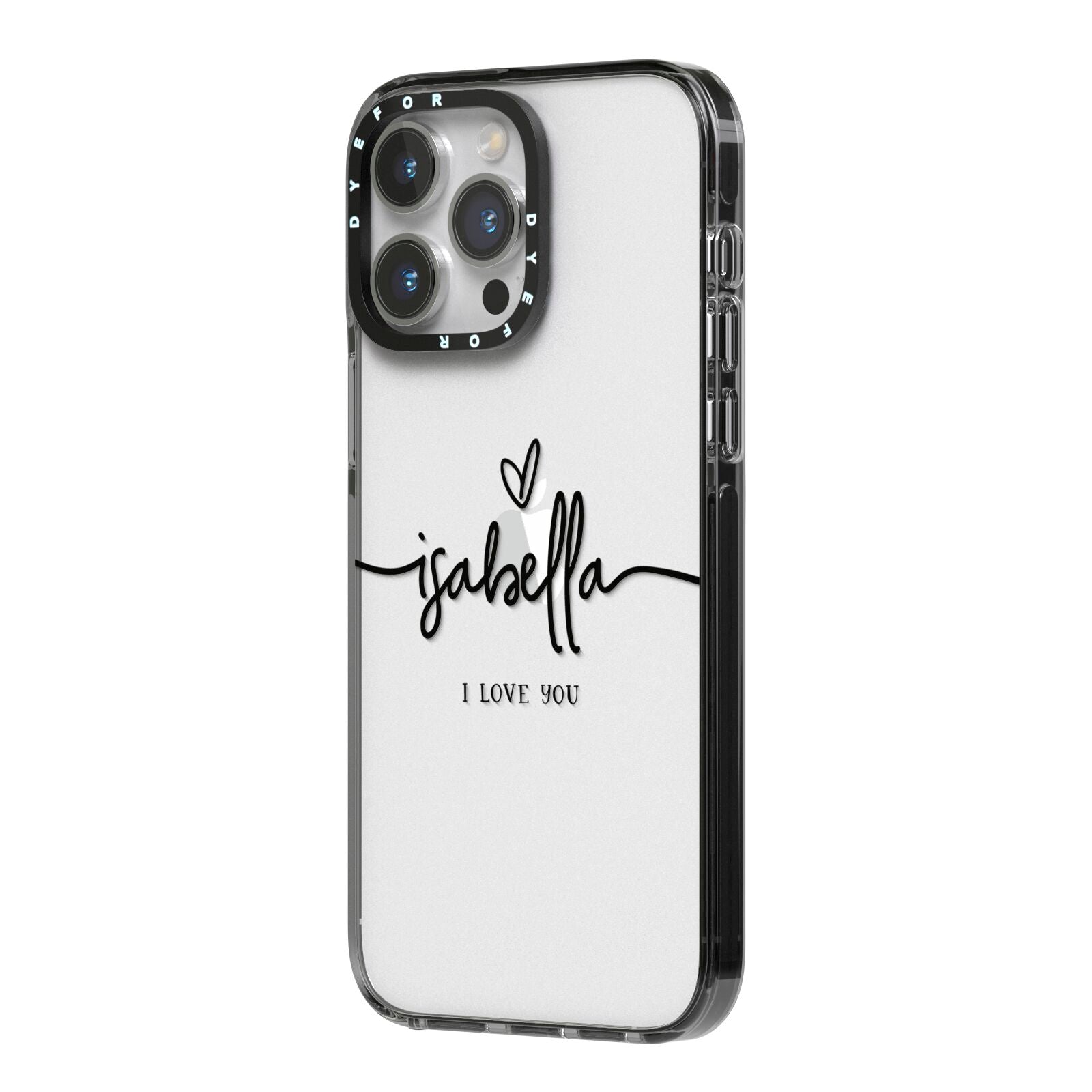 Personalised Valentines Name Clear Black iPhone 14 Pro Max Black Impact Case Side Angle on Silver phone