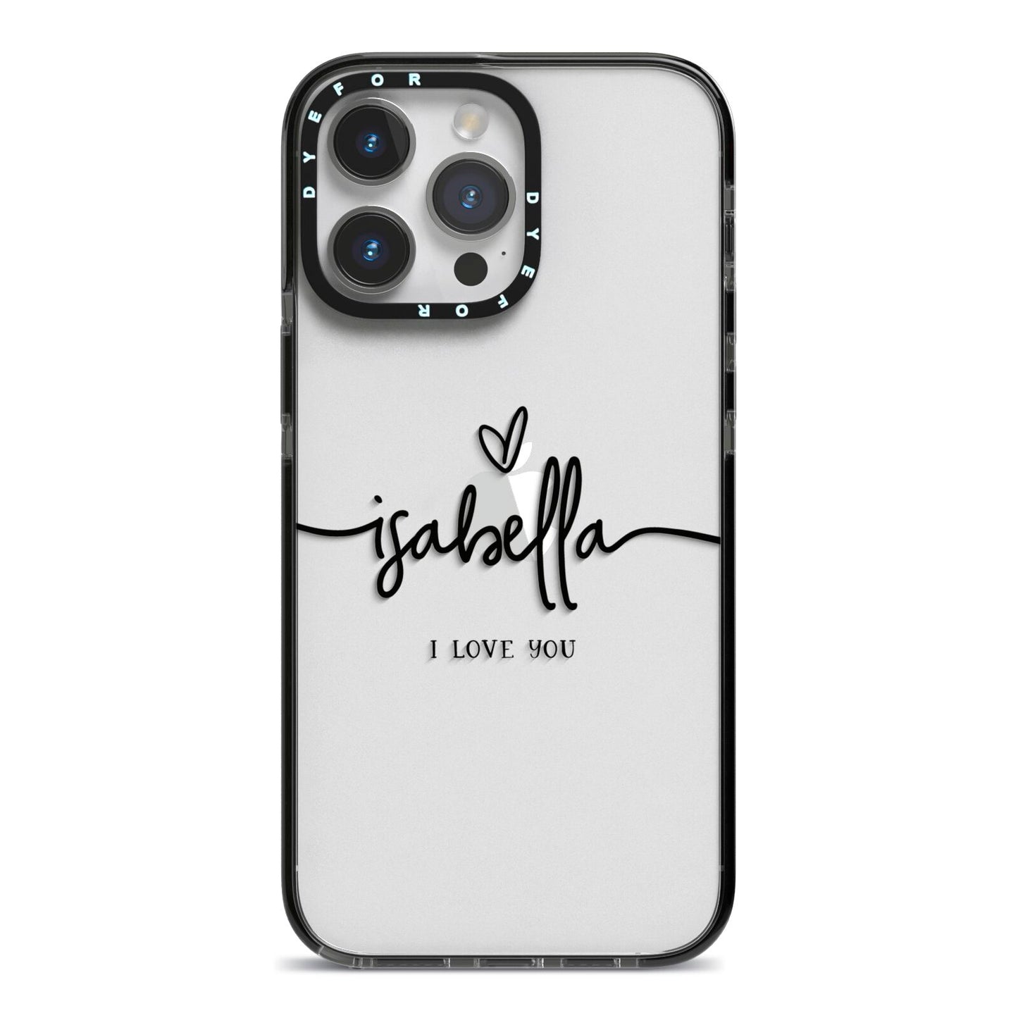 Personalised Valentines Name Clear Black iPhone 14 Pro Max Black Impact Case on Silver phone