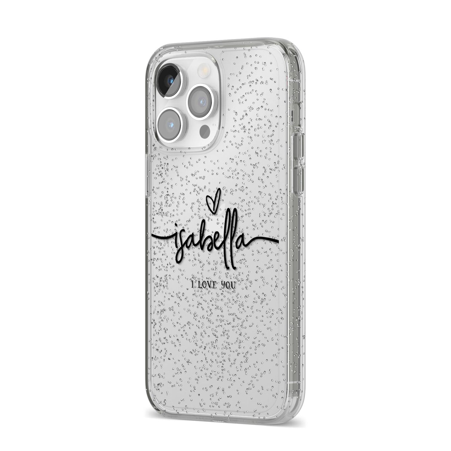 Personalised Valentines Name Clear Black iPhone 14 Pro Max Glitter Tough Case Silver Angled Image