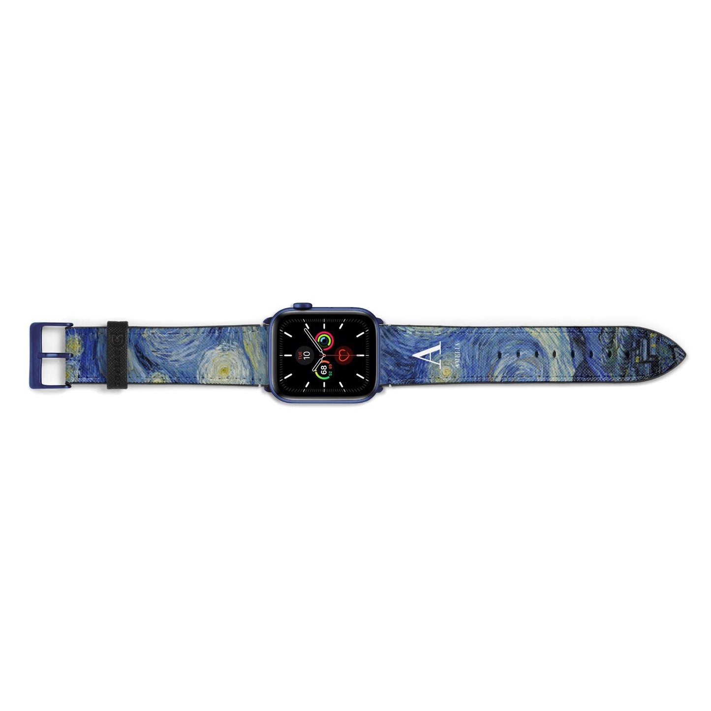 Personalised Van Gogh Starry Night Apple Watch Strap Landscape Image Blue Hardware