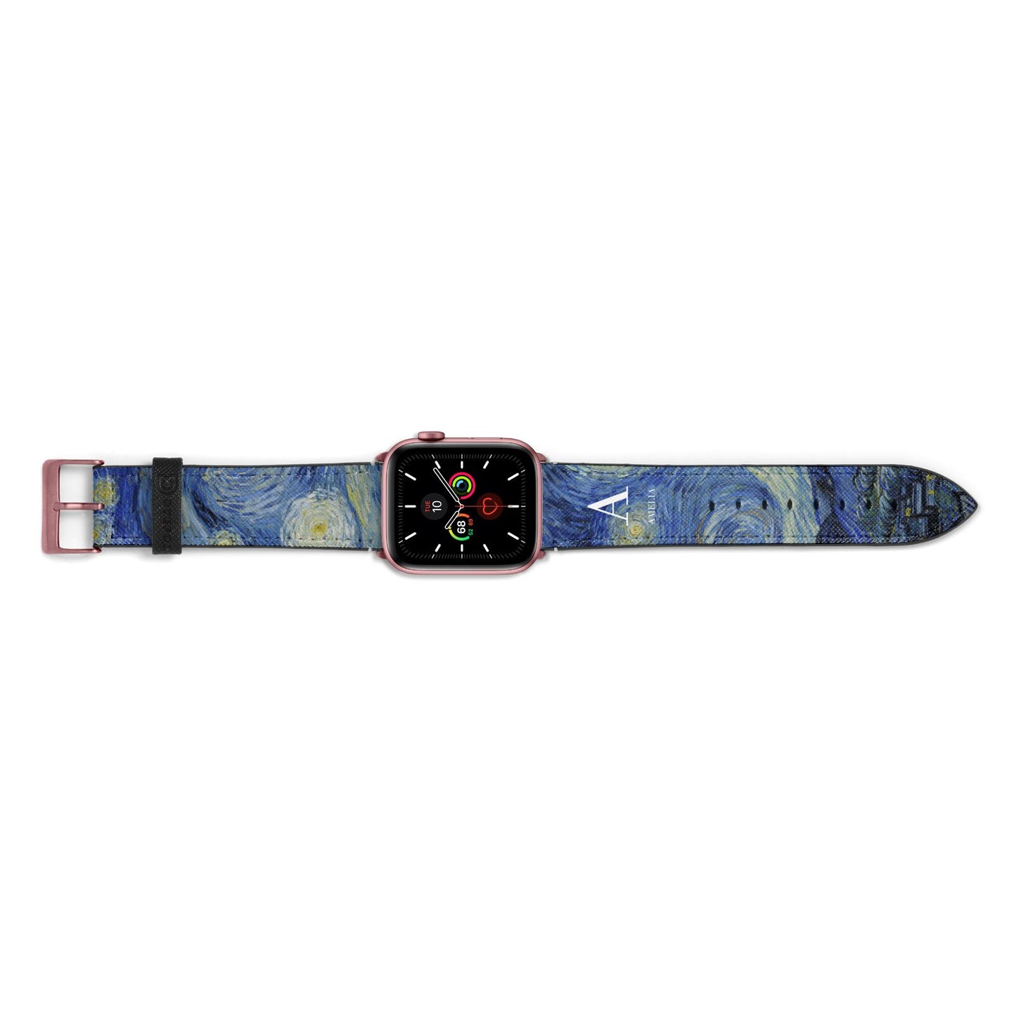 Personalised Van Gogh Starry Night Apple Watch Strap Landscape Image Rose Gold Hardware