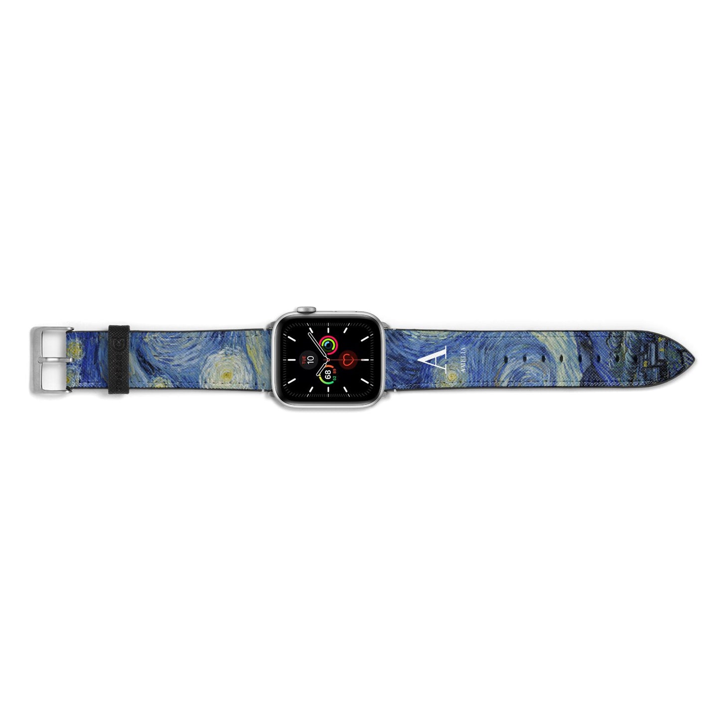 Personalised Van Gogh Starry Night Apple Watch Strap Landscape Image Silver Hardware