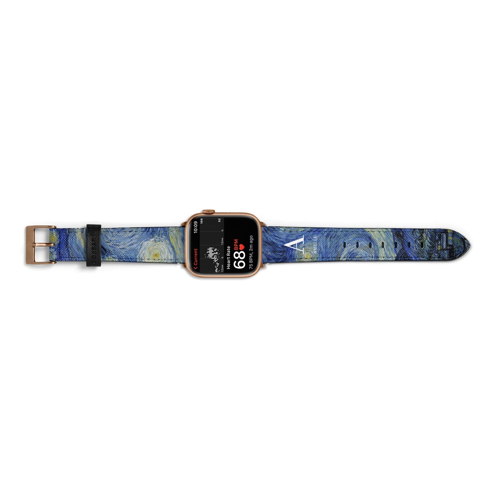 Personalised Van Gogh Starry Night Apple Watch Strap Size 38mm Landscape Image Gold Hardware