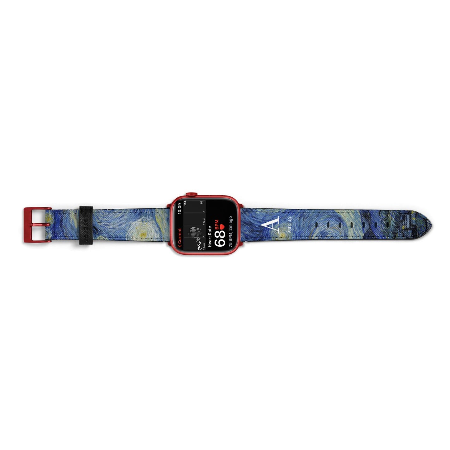 Personalised Van Gogh Starry Night Apple Watch Strap Size 38mm Landscape Image Red Hardware