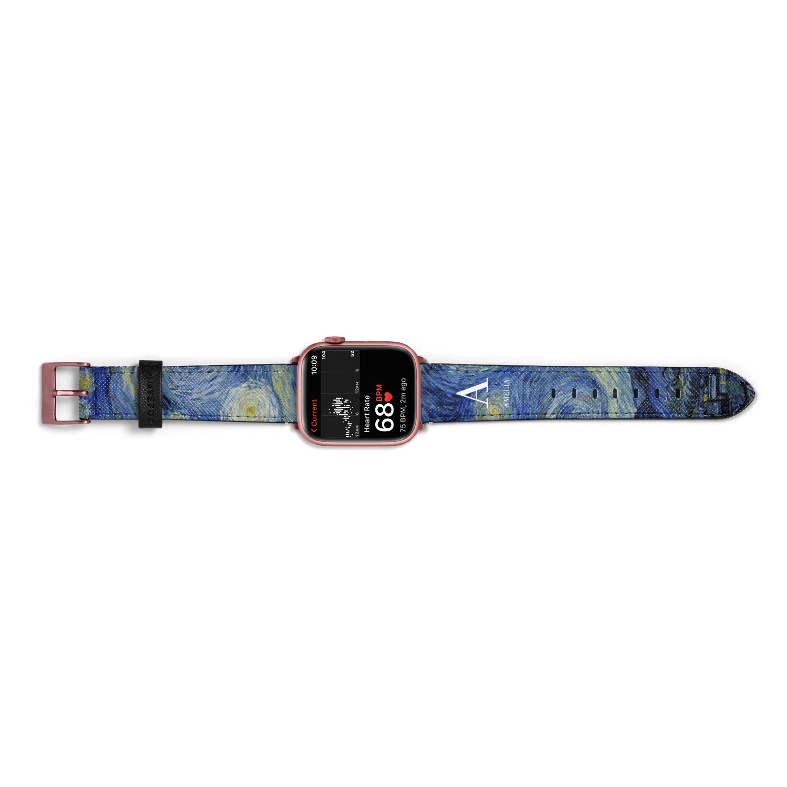 Personalised Van Gogh Starry Night Apple Watch Strap Size 38mm Landscape Image Rose Gold Hardware