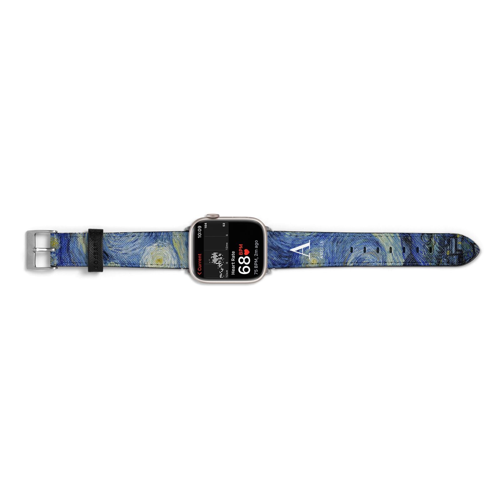Personalised Van Gogh Starry Night Apple Watch Strap Size 38mm Landscape Image Silver Hardware