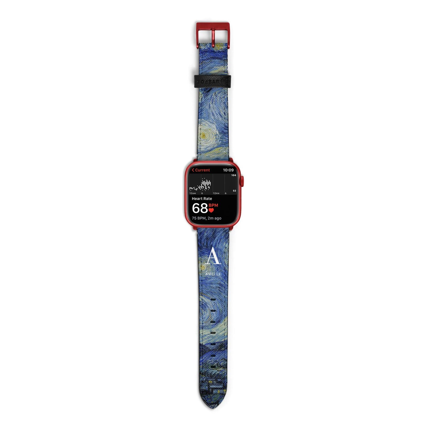 Personalised Van Gogh Starry Night Apple Watch Strap Size 38mm with Red Hardware