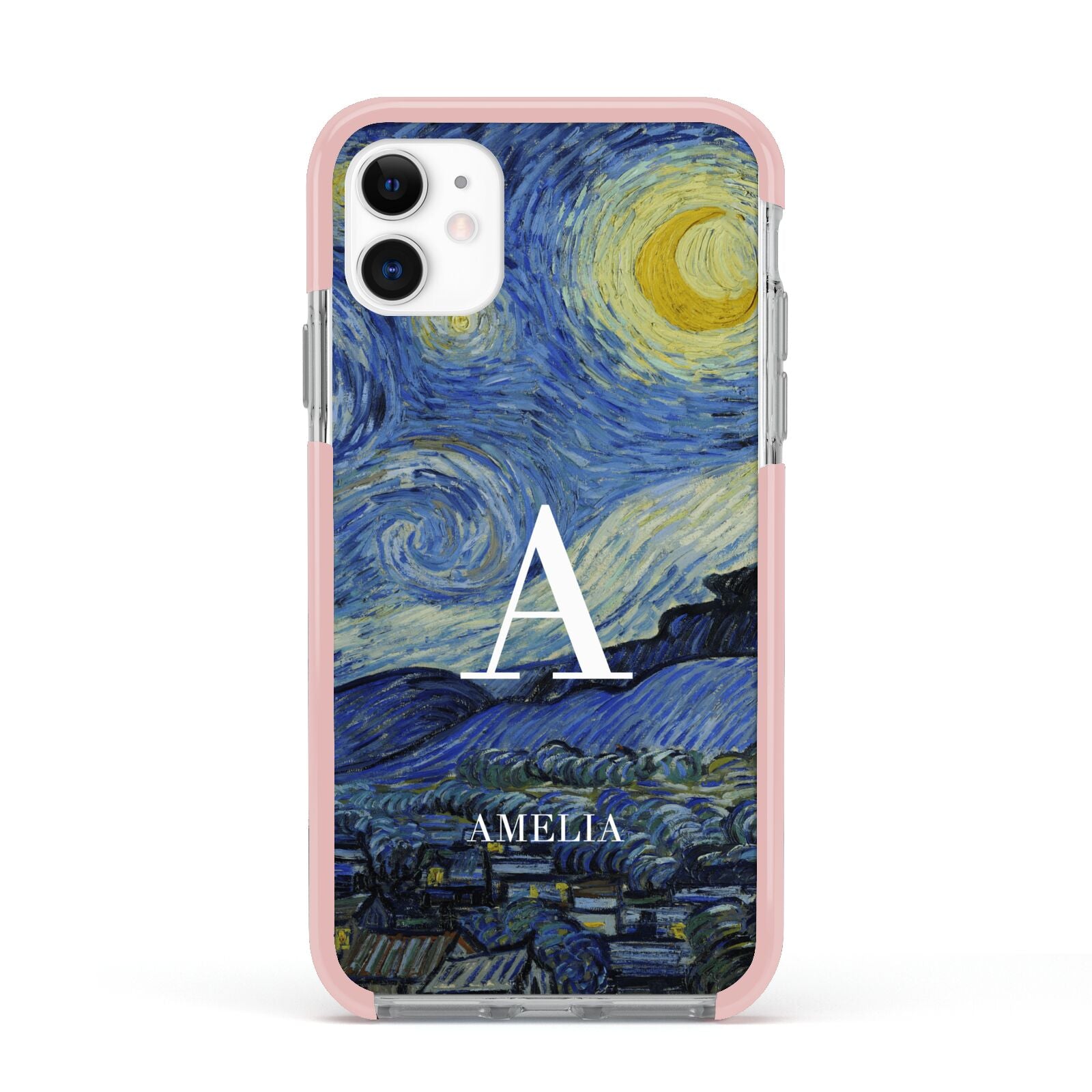 Personalised Van Gogh Starry Night Apple iPhone 11 in White with Pink Impact Case
