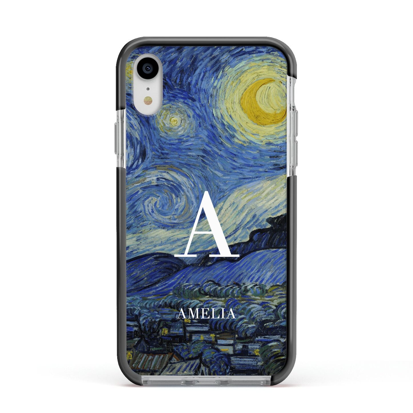 Personalised Van Gogh Starry Night Apple iPhone XR Impact Case Black Edge on Silver Phone