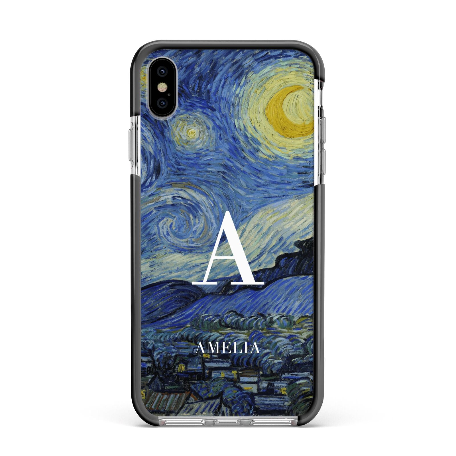 Personalised Van Gogh Starry Night Apple iPhone Xs Max Impact Case Black Edge on Silver Phone