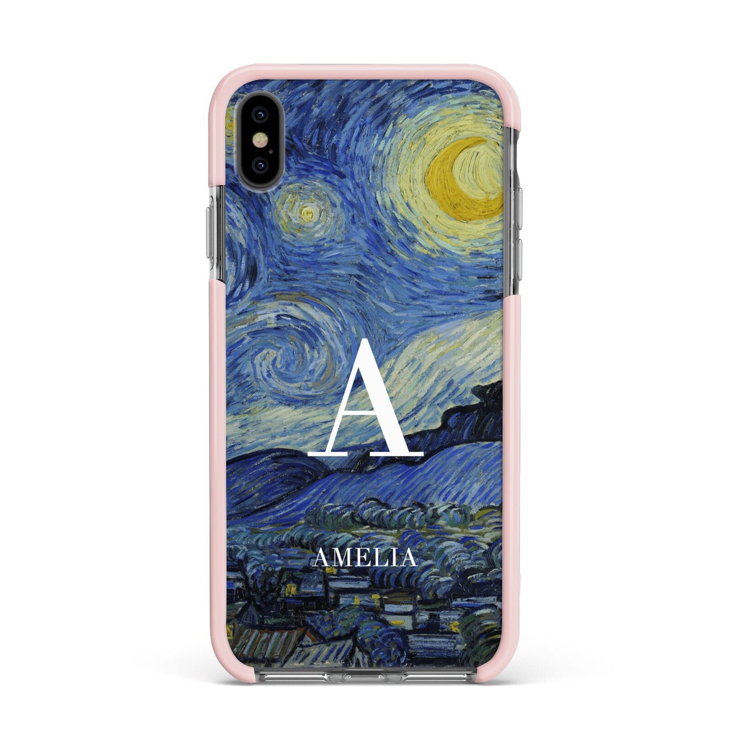Personalised Van Gogh Starry Night Apple iPhone Xs Max Impact Case Pink Edge on Black Phone