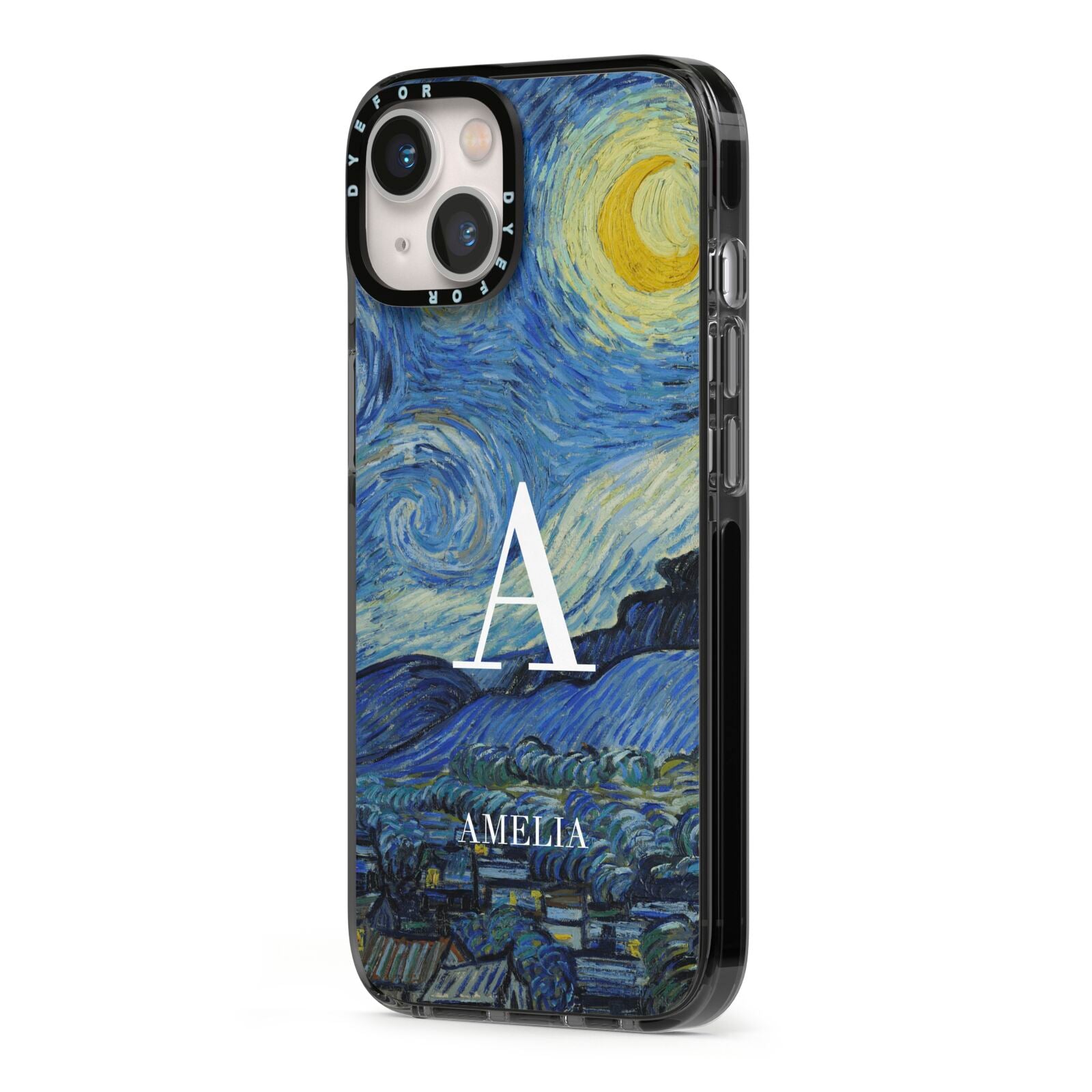 Personalised Van Gogh Starry Night iPhone 13 Black Impact Case Side Angle on Silver phone