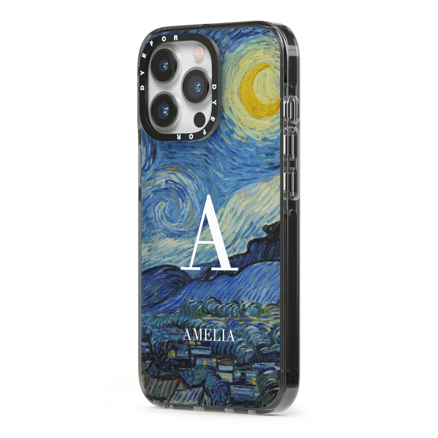 Personalised Van Gogh Starry Night iPhone 13 Pro Black Impact Case Side Angle on Silver phone