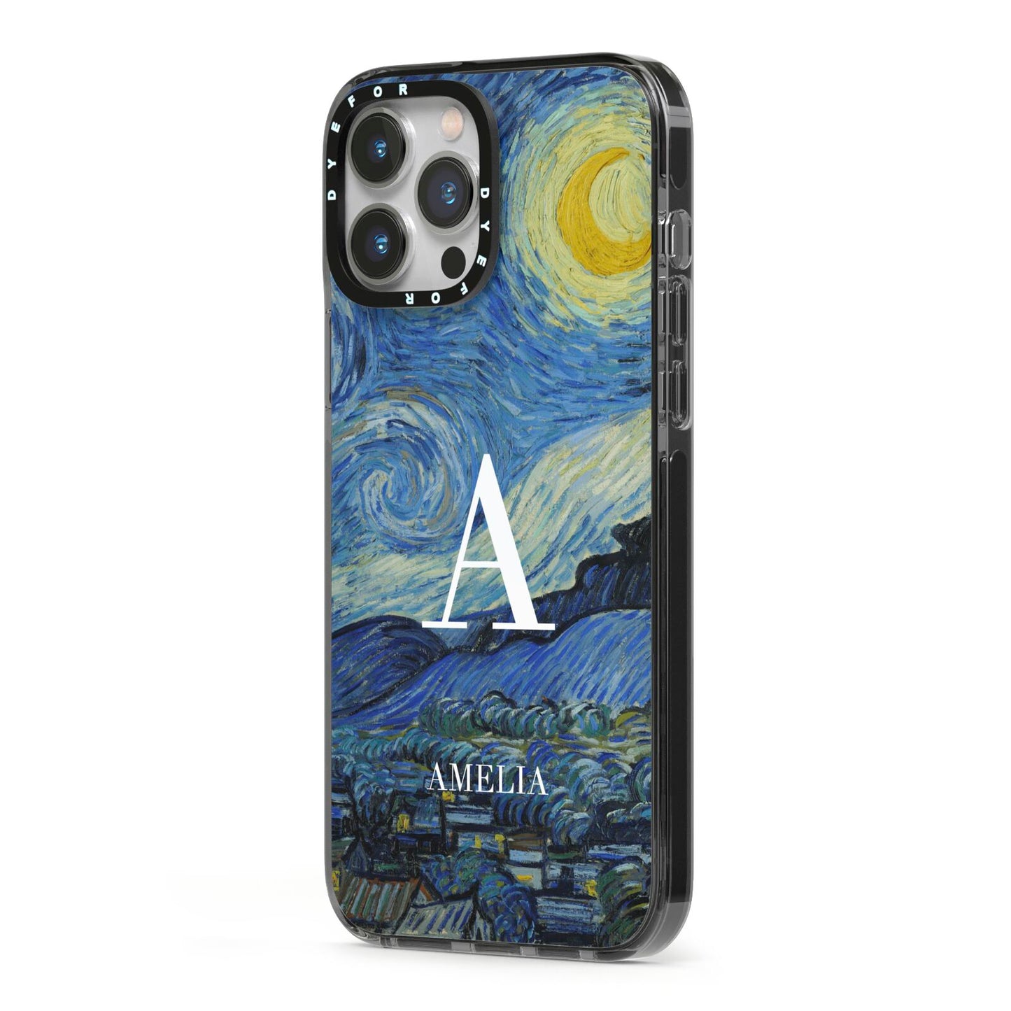 Personalised Van Gogh Starry Night iPhone 13 Pro Max Black Impact Case Side Angle on Silver phone