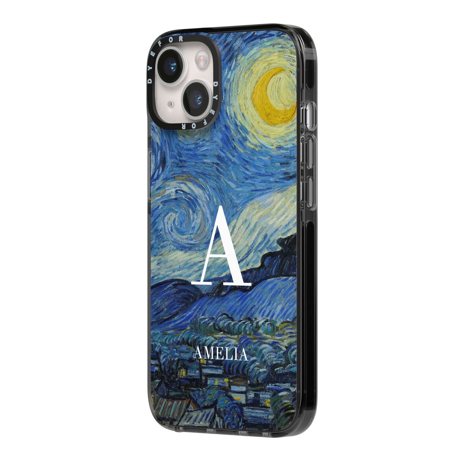 Personalised Van Gogh Starry Night iPhone 14 Black Impact Case Side Angle on Silver phone