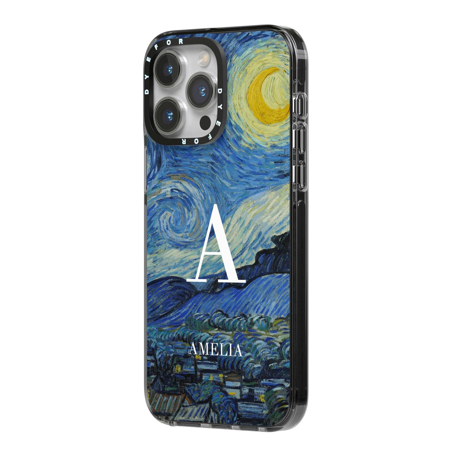 Personalised Van Gogh Starry Night iPhone 14 Pro Max Black Impact Case Side Angle on Silver phone