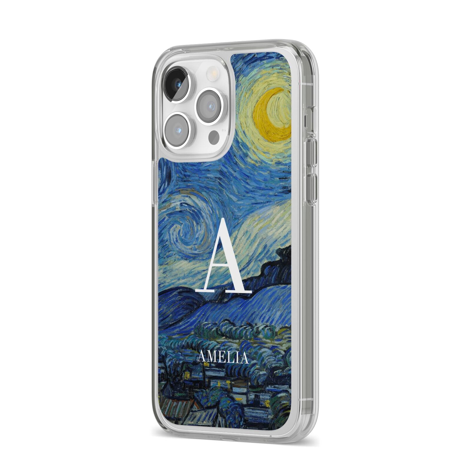 Personalised Van Gogh Starry Night iPhone 14 Pro Max Clear Tough Case Silver Angled Image
