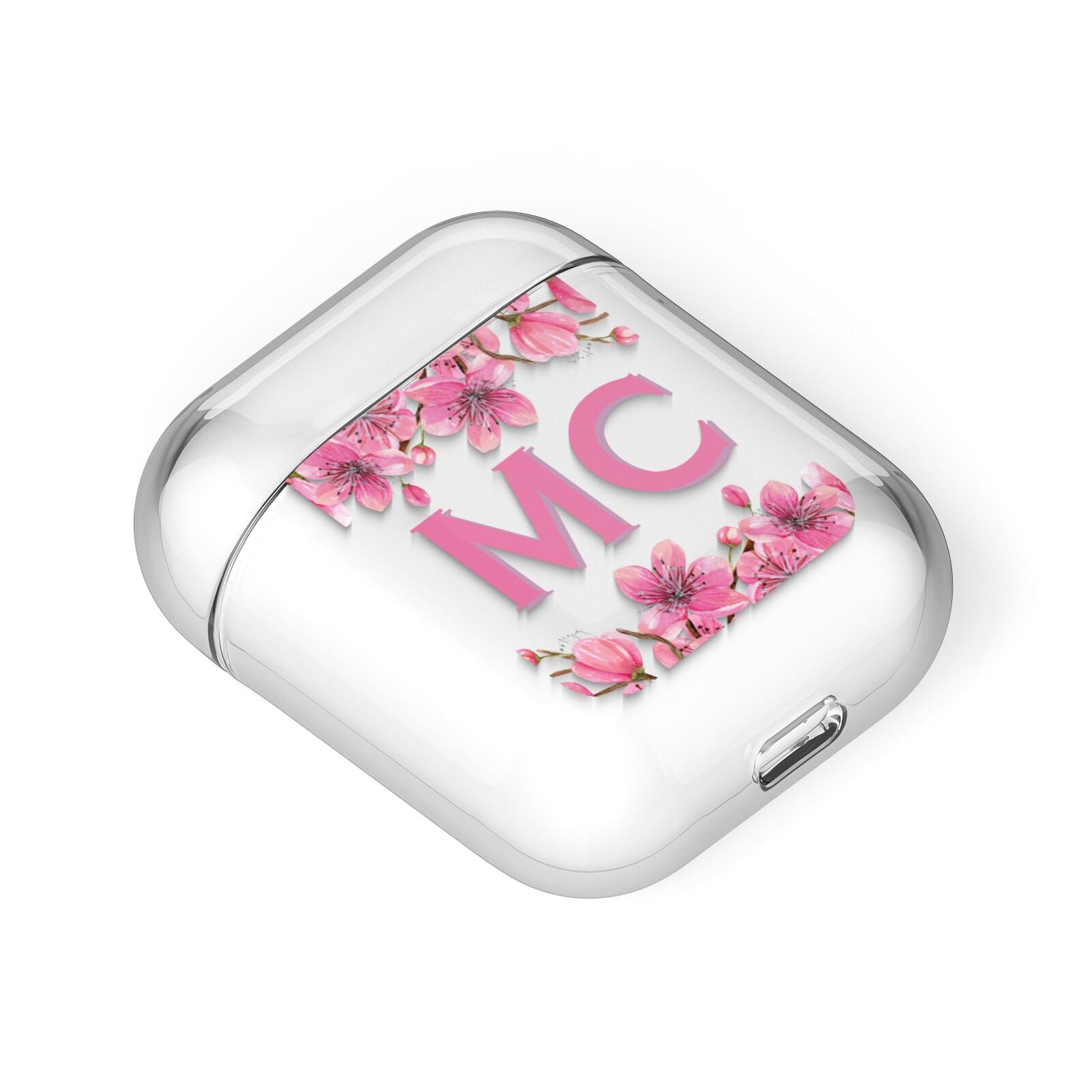 Personalised Vibrant Cherry Blossom Pink AirPods Case Laid Flat