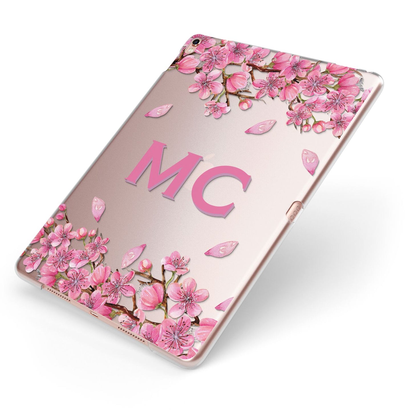 Personalised Vibrant Cherry Blossom Pink Apple iPad Case on Rose Gold iPad Side View
