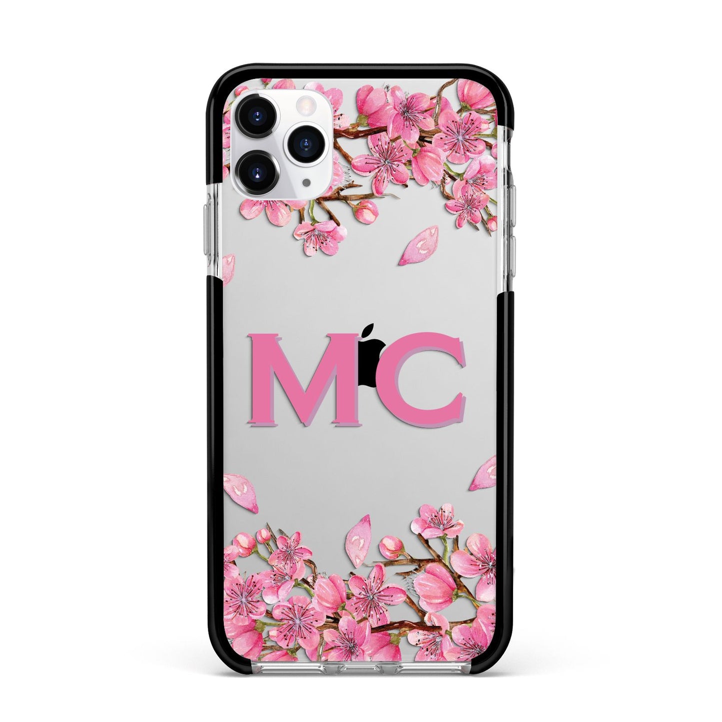 Personalised Vibrant Cherry Blossom Pink Apple iPhone 11 Pro Max in Silver with Black Impact Case